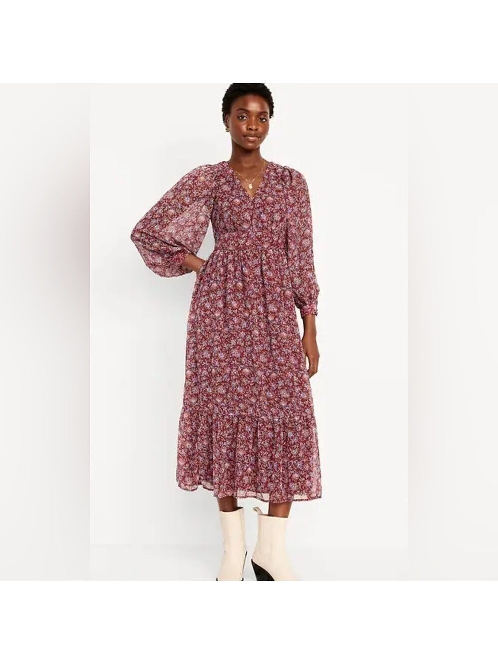 Old Navy Waist-Defined Ditsy Floral Chiffon Sheer Prairie Feminine Maxi Dress L